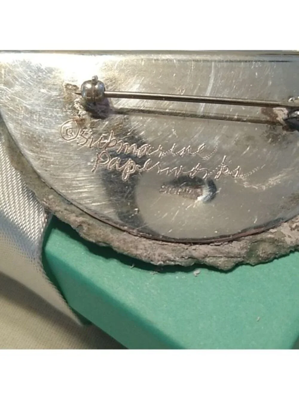 Vintage Signed Submarine Paperworks Mixed Media + Sterling Silver Beaded Brooch